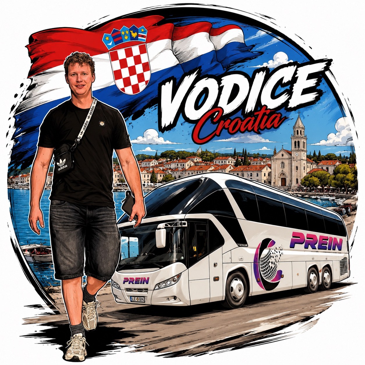 Andreas Cihan mit dem weißen Neoplan Starliner vor einem Vodice-Motiv