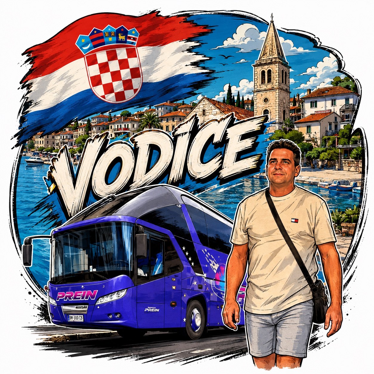 Christian Prein mit dem blauen Prein-Reisebus vor einem Vodice-Motiv
